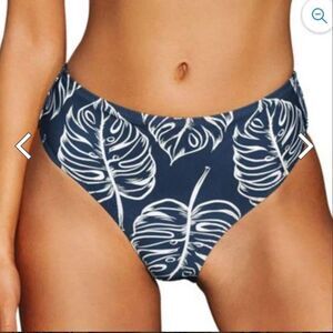 Cupshe Tropical Leaf Print High Waist Navy White Bikini Swimwear Bottom - Size L